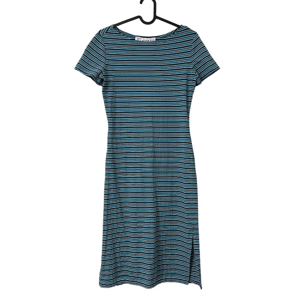 VTG Geary Roark Kamisato Blue Brown Striped Short Sleeve Midi Dress Womens XS